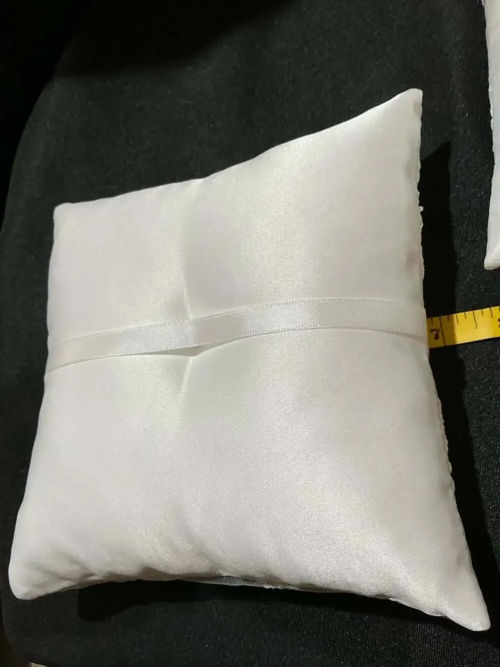 White Satin and Lace Ring Bearer Pillow with Pearl Accents and Ribbons